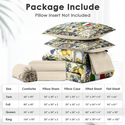 Comforter Set Queen Size, Italian Lemon Mediterranean 7 Pcs Bedding for Kids and Adults, Tile Tuscan Bed Sheet Sets with Fitted Sheet 2 Pillowcases & 2 Shams for Bedroom Bed Decor