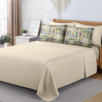 Comforter Set Queen Size, Italian Lemon Mediterranean 7 Pcs Bedding for Kids and Adults, Tile Tuscan Bed Sheet Sets with Fitted Sheet 2 Pillowcases & 2 Shams for Bedroom Bed Decor