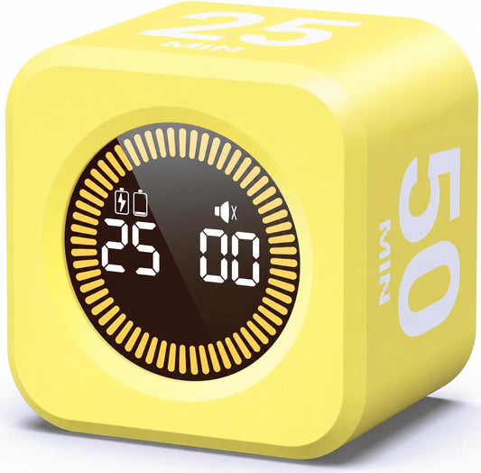 Timer Pomodoro - Productivity Pomodoro Cube, 5/10/25/50 Min Countdown & Countup, Silent – for Work Study Workout Kitchen School Classroom Office ADHD Gift Kids (1, Yellow)