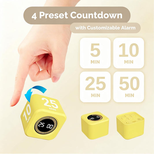 Timer Pomodoro - Productivity Pomodoro Cube, 5/10/25/50 Min Countdown & Countup, Silent – for Work Study Workout Kitchen School Classroom Office ADHD Gift Kids (1, Yellow)