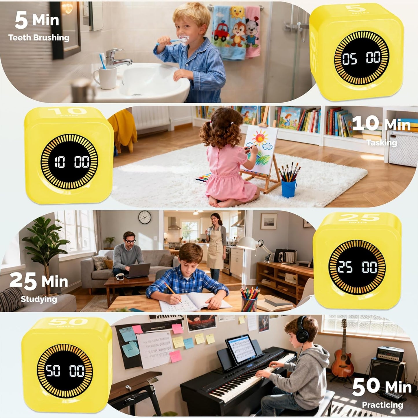Timer Pomodoro - Productivity Pomodoro Cube, 5/10/25/50 Min Countdown & Countup, Silent – for Work Study Workout Kitchen School Classroom Office ADHD Gift Kids (1, Yellow)