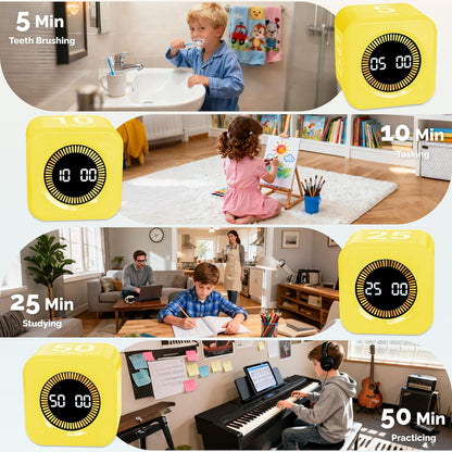 Timer Pomodoro - Productivity Pomodoro Cube, 5/10/25/50 Min Countdown & Countup, Silent – for Work Study Workout Kitchen School Classroom Office ADHD Gift Kids (1, Yellow)