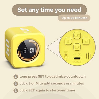 Timer Pomodoro - Productivity Pomodoro Cube, 5/10/25/50 Min Countdown & Countup, Silent – for Work Study Workout Kitchen School Classroom Office ADHD Gift Kids (1, Yellow)
