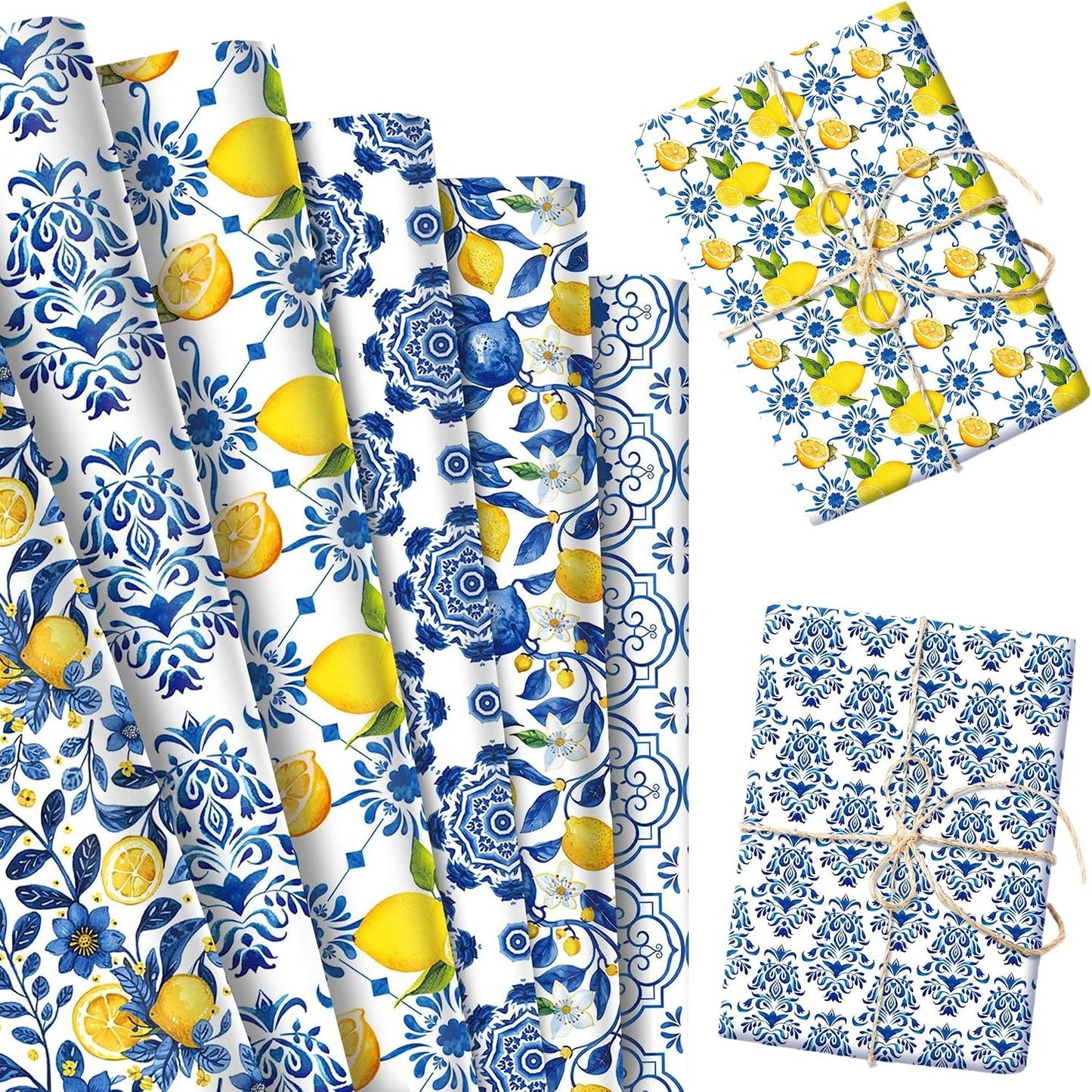 Blue Tiles Lemons Wrapping Paper Lemons Birthday Party Favors Gift Wrap Papers