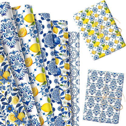 Blue Tiles Lemons Wrapping Paper Lemons Birthday Party Favors Gift Wrap Papers
