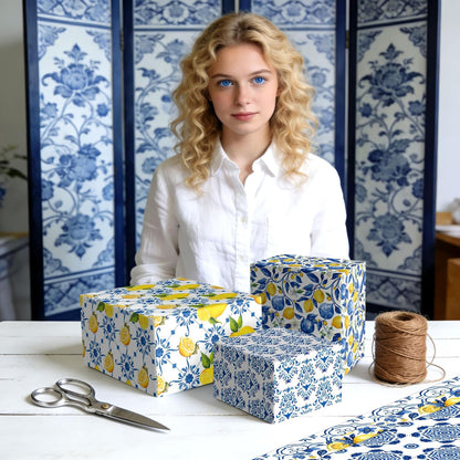 Blue Tiles Lemons Wrapping Paper Lemons Birthday Party Favors Gift Wrap Papers