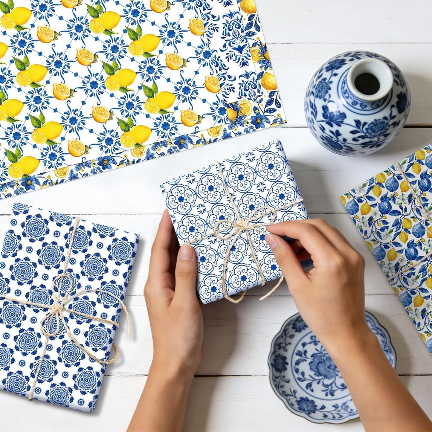 Blue Tiles Lemons Wrapping Paper Lemons Birthday Party Favors Gift Wrap Papers