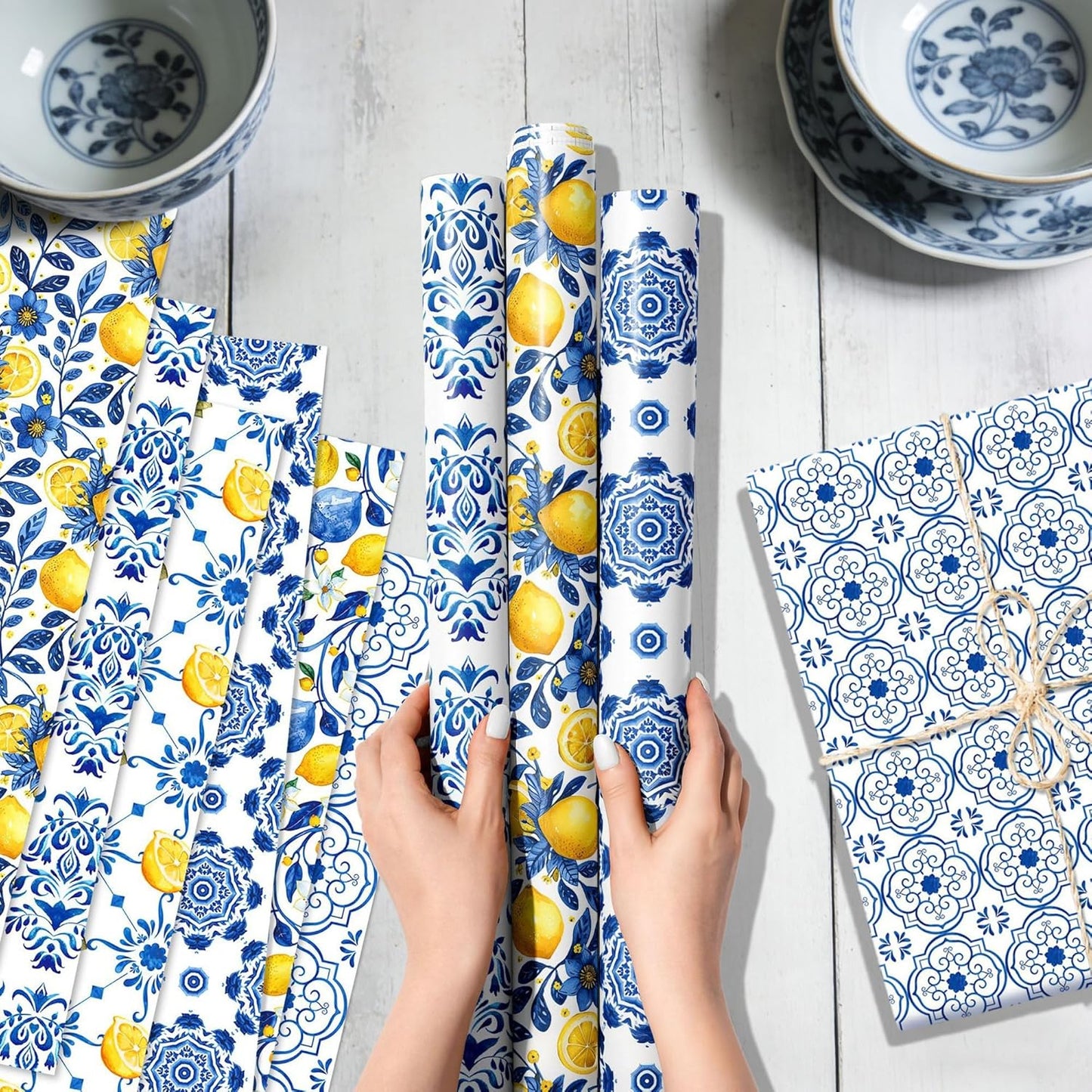 Blue Tiles Lemons Wrapping Paper Lemons Birthday Party Favors Gift Wrap Papers