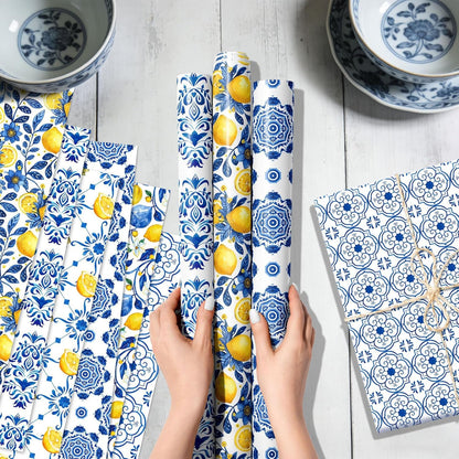 Blue Tiles Lemons Wrapping Paper Lemons Birthday Party Favors Gift Wrap Papers