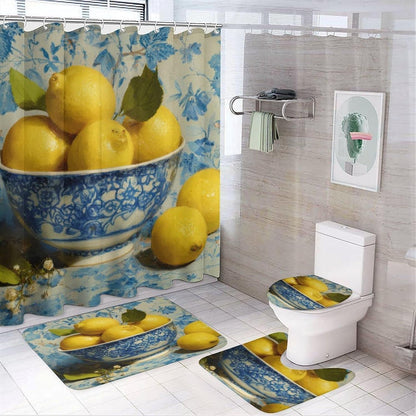 4Pcs Shower Curtain Set Yellow Lemons Hotel Quality Bath Sets Lemon Gifts Lemons Decor with Shower Curtain and Rugs and Accessories Extra Wide Shower Curtain for Large Tub