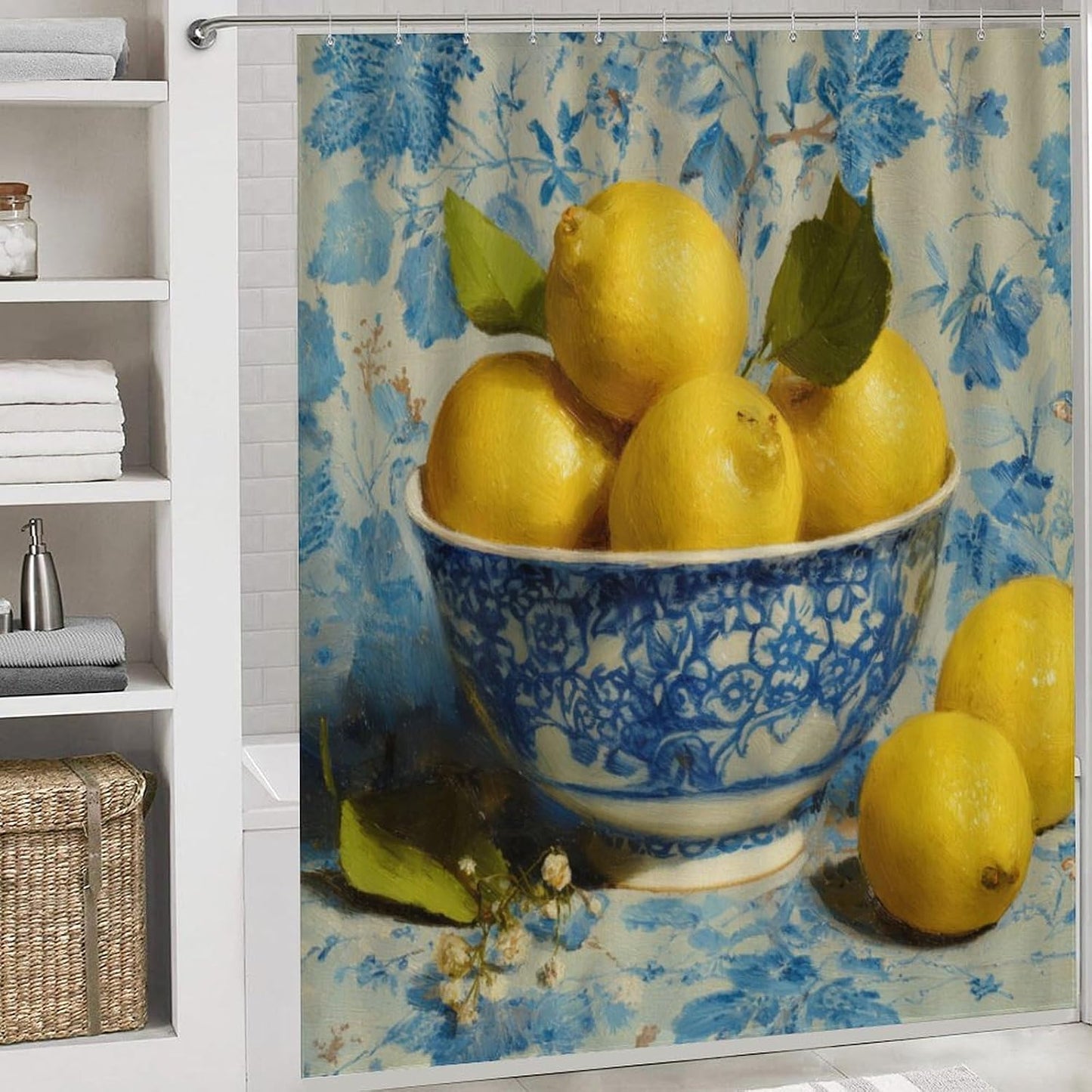 4Pcs Shower Curtain Set Yellow Lemons Hotel Quality Bath Sets Lemon Gifts Lemons Decor with Shower Curtain and Rugs and Accessories Extra Wide Shower Curtain for Large Tub