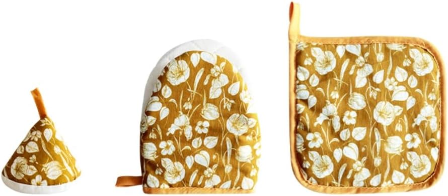 Oven Mitt and Pot Holder Set with Pot Lid Knob Cover, Heat Resistant Cotton Linen Kitchen Gloves and Hot Pads – Machine Washable, Set of 3 (Yellow Flower)