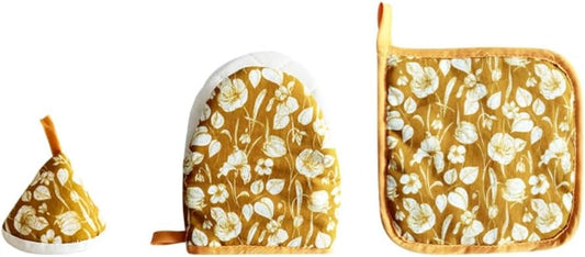 Oven Mitt and Pot Holder Set with Pot Lid Knob Cover, Heat Resistant Cotton Linen Kitchen Gloves and Hot Pads – Machine Washable, Set of 3 (Yellow Flower)