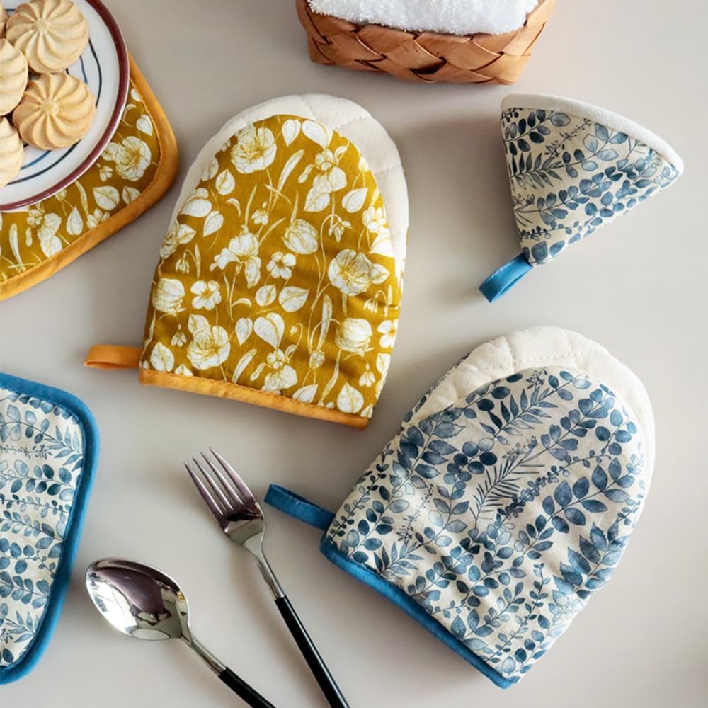 Oven Mitt and Pot Holder Set with Pot Lid Knob Cover, Heat Resistant Cotton Linen Kitchen Gloves and Hot Pads – Machine Washable, Set of 3 (Yellow Flower)