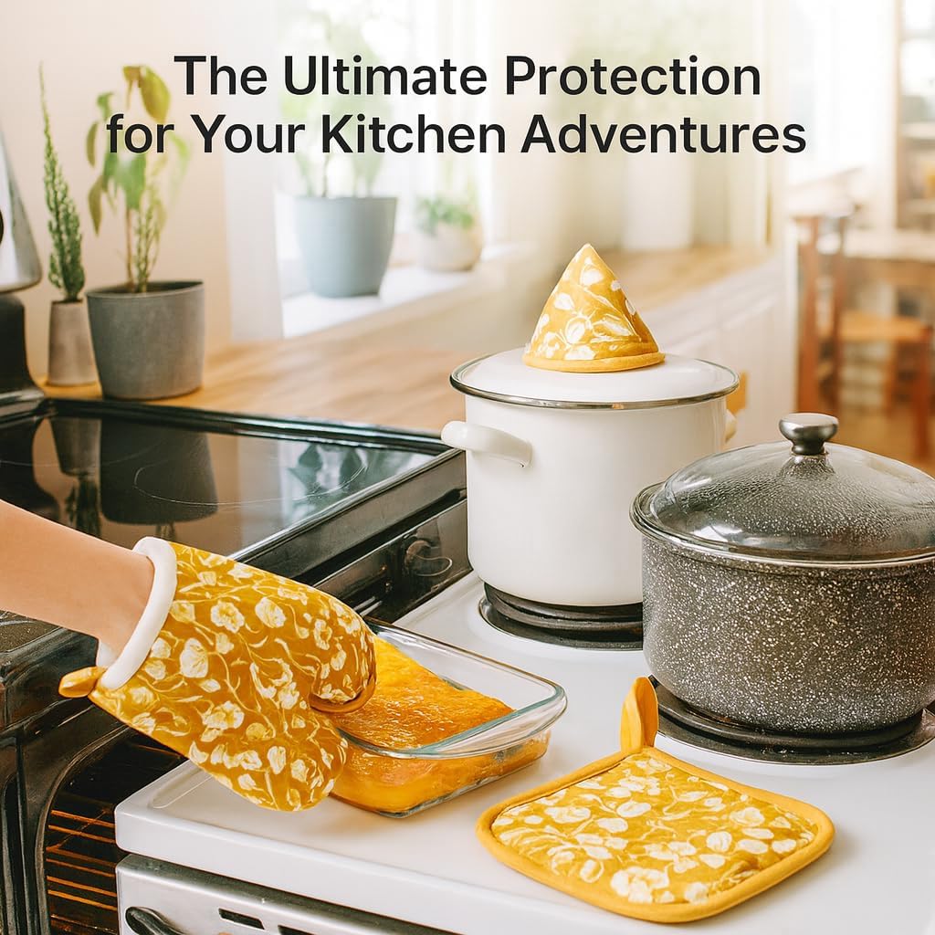 Oven Mitt and Pot Holder Set with Pot Lid Knob Cover, Heat Resistant Cotton Linen Kitchen Gloves and Hot Pads – Machine Washable, Set of 3 (Yellow Flower)