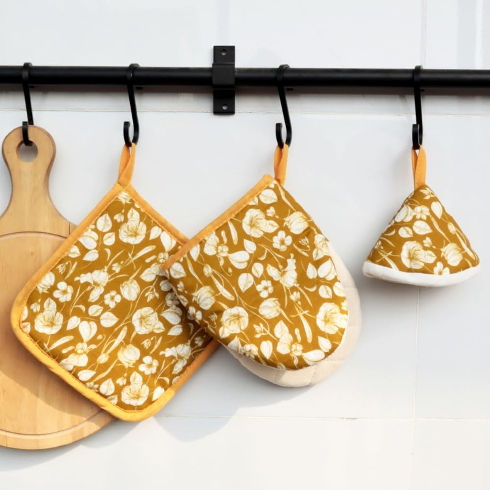 Oven Mitt and Pot Holder Set with Pot Lid Knob Cover, Heat Resistant Cotton Linen Kitchen Gloves and Hot Pads – Machine Washable, Set of 3 (Yellow Flower)