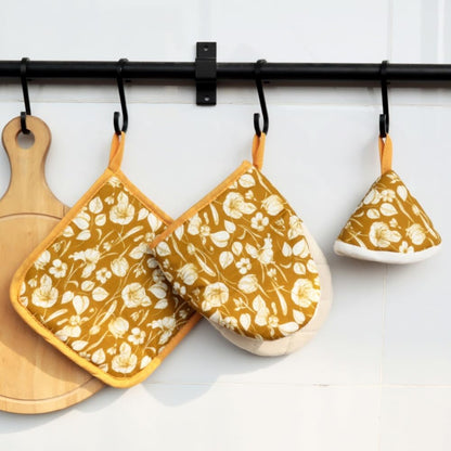 Oven Mitt and Pot Holder Set with Pot Lid Knob Cover, Heat Resistant Cotton Linen Kitchen Gloves and Hot Pads – Machine Washable, Set of 3 (Yellow Flower)