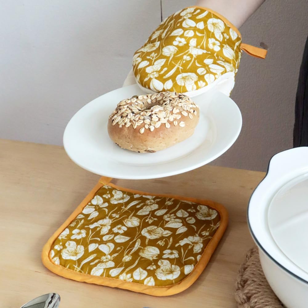 Oven Mitt and Pot Holder Set with Pot Lid Knob Cover, Heat Resistant Cotton Linen Kitchen Gloves and Hot Pads – Machine Washable, Set of 3 (Yellow Flower)