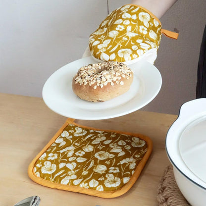 Oven Mitt and Pot Holder Set with Pot Lid Knob Cover, Heat Resistant Cotton Linen Kitchen Gloves and Hot Pads – Machine Washable, Set of 3 (Yellow Flower)