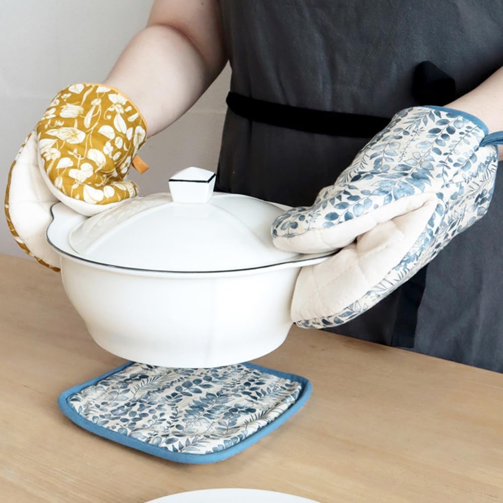 Oven Mitt and Pot Holder Set with Pot Lid Knob Cover, Heat Resistant Cotton Linen Kitchen Gloves and Hot Pads – Machine Washable, Set of 3 (Yellow Flower)