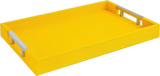 Modern Elegant 17.5"x12" Rectangle Yellow Shagreen Faux Leather Decorative Tray Ottoman Coffee Table Perfume Dresser Kitchen Serving Tray with Silver Metal Handles for All Occasion's