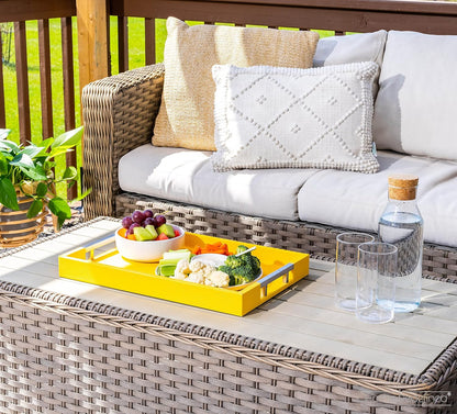 Modern Elegant 17.5"x12" Rectangle Yellow Shagreen Faux Leather Decorative Tray Ottoman Coffee Table Perfume Dresser Kitchen Serving Tray with Silver Metal Handles for All Occasion's