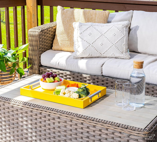 Modern Elegant 17.5"x12" Rectangle Yellow Shagreen Faux Leather Decorative Tray Ottoman Coffee Table Perfume Dresser Kitchen Serving Tray with Silver Metal Handles for All Occasion's