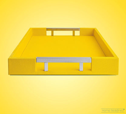 Modern Elegant 17.5"x12" Rectangle Yellow Shagreen Faux Leather Decorative Tray Ottoman Coffee Table Perfume Dresser Kitchen Serving Tray with Silver Metal Handles for All Occasion's
