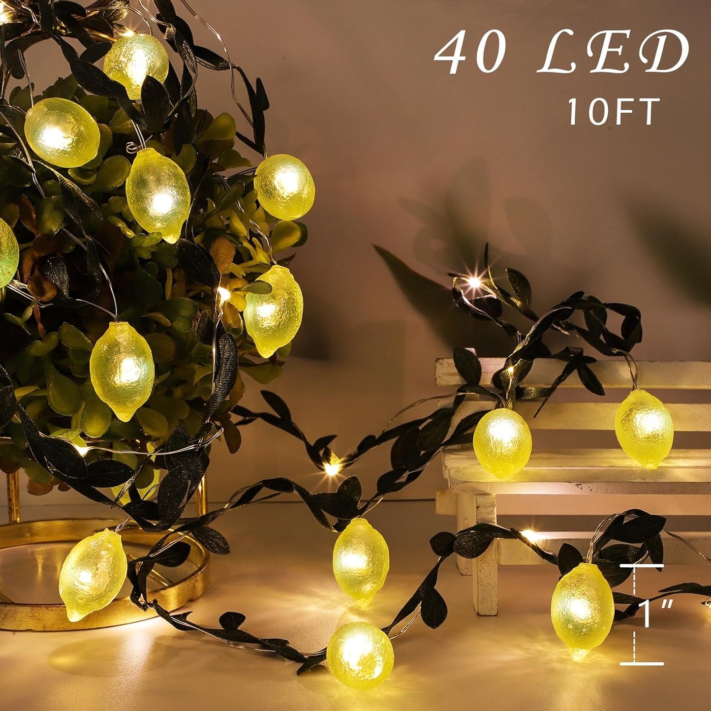 3D Lemon LED String Lights USB/Battery Operated Light String with Remote Timer 10FT 40LEDs Lemon Light Bulbs with Branches Leaves Fairy Lights for Bedroom Birthday Garden Party Decorations