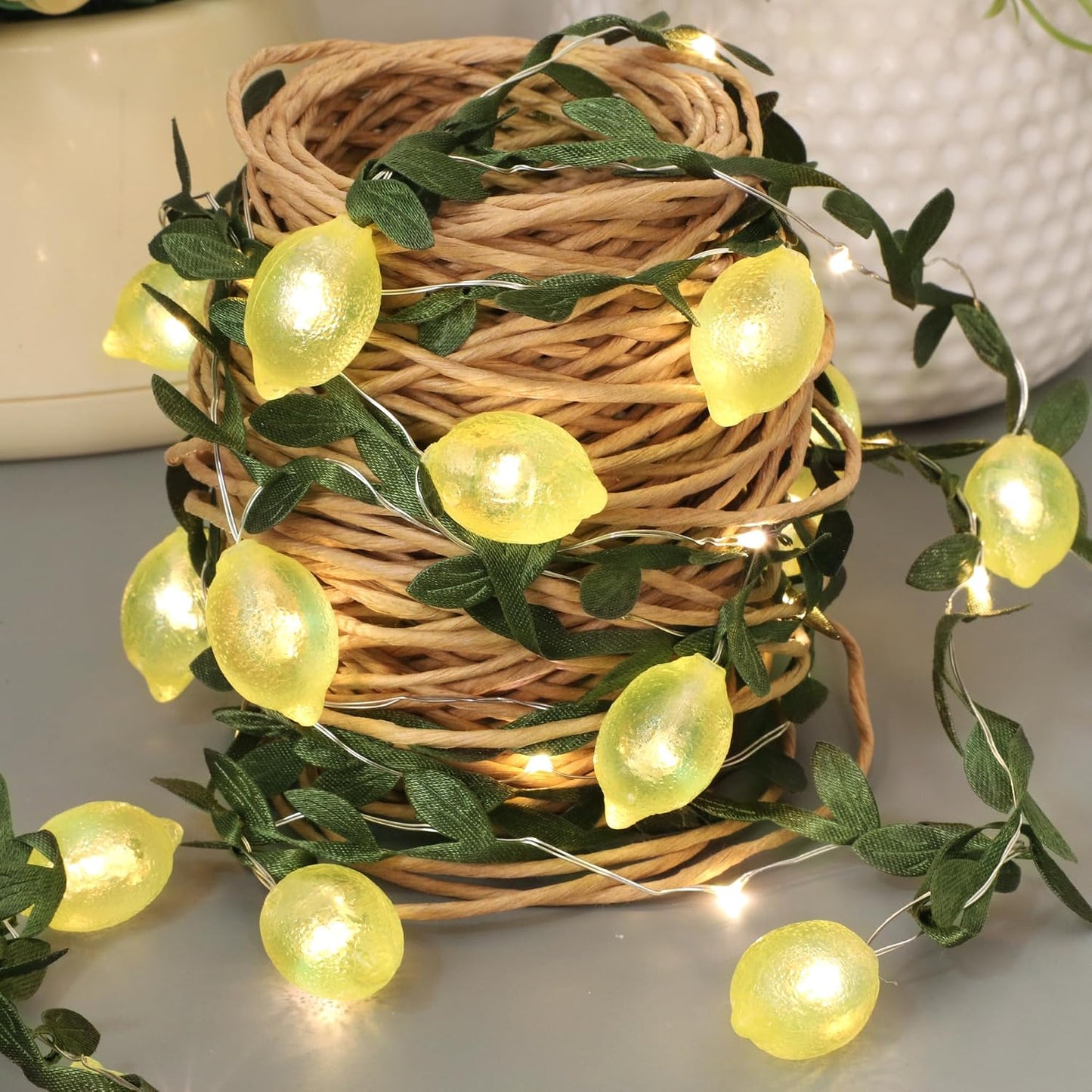 3D Lemon LED String Lights USB/Battery Operated Light String with Remote Timer 10FT 40LEDs Lemon Light Bulbs with Branches Leaves Fairy Lights for Bedroom Birthday Garden Party Decorations