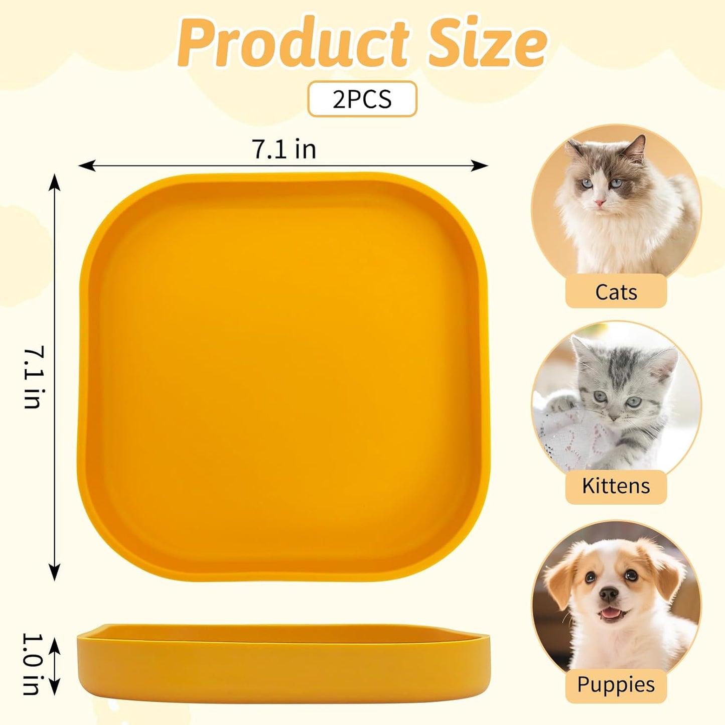 2PCS Silicone Cat Bowls Set 7.1 x 7.1 in Shallow Dog Dish Whisker Friendly Cat Food Plate for Dry & Wet Food Dishwasher Safe Non-Slip Pet Feeding Bowls for Kittens and Puppies (Yellow)
