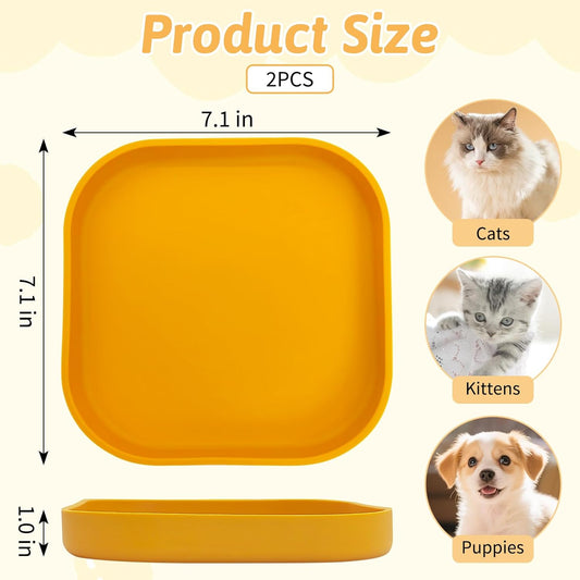 2PCS Silicone Cat Bowls Set 7.1 x 7.1 in Shallow Dog Dish Whisker Friendly Cat Food Plate for Dry & Wet Food Dishwasher Safe Non-Slip Pet Feeding Bowls for Kittens and Puppies (Yellow)