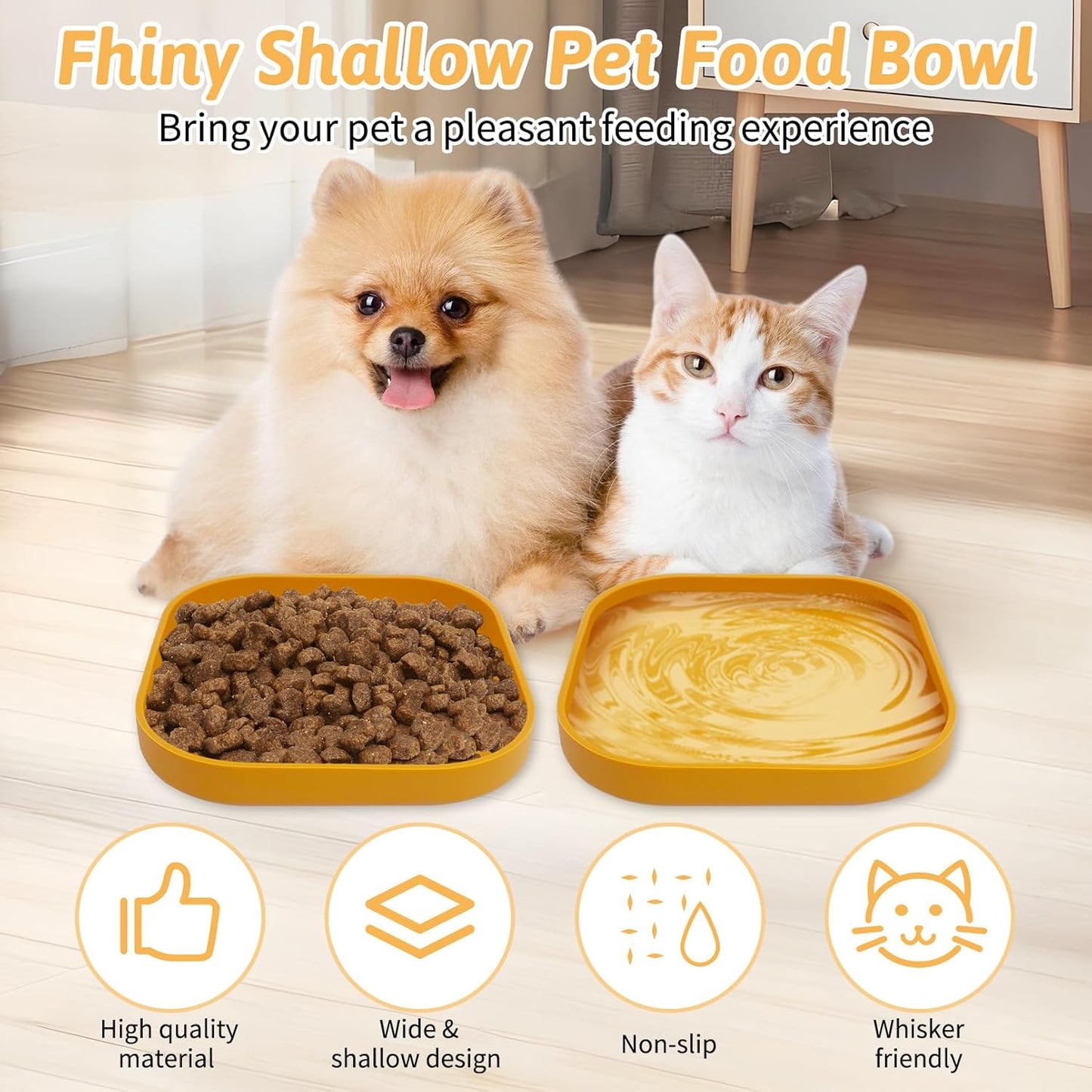 2PCS Silicone Cat Bowls Set 7.1 x 7.1 in Shallow Dog Dish Whisker Friendly Cat Food Plate for Dry & Wet Food Dishwasher Safe Non-Slip Pet Feeding Bowls for Kittens and Puppies (Yellow)