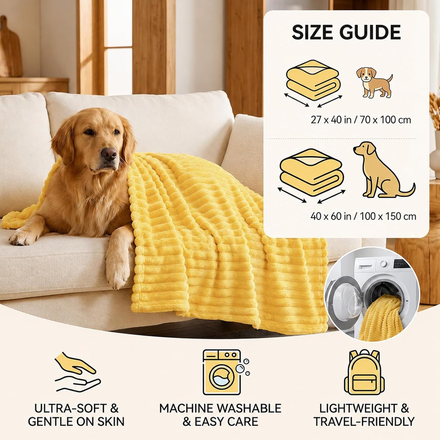 Yellow Dog Blanket, Emotional Support Blanket Yellow, Dog Security Blanket, Designed for Pets, Bed, Crate & Car, Machine Washable for Dogs & Cats Daily Use (Bright Yellow, 70*100cm/ 27.55*39.37in)