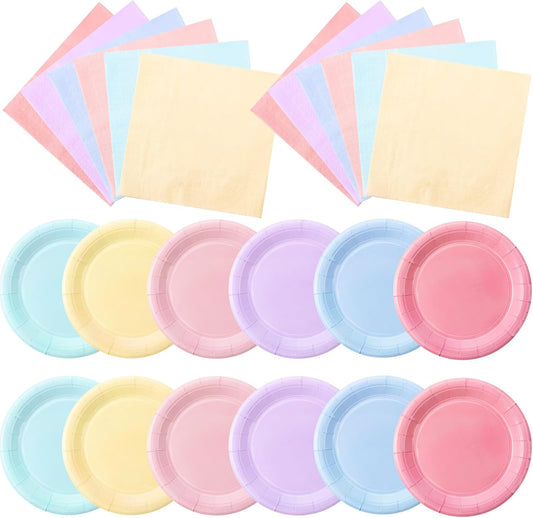 120 Pcs Disposable Paper Dessert Plates and Napkins Set, 7 Inch Party Cake Appetizer Plate with Napkin for Birthday Baby Shower Wedding Easter(Light Pink, Green, Purple, Yellow, Blue, Pink)