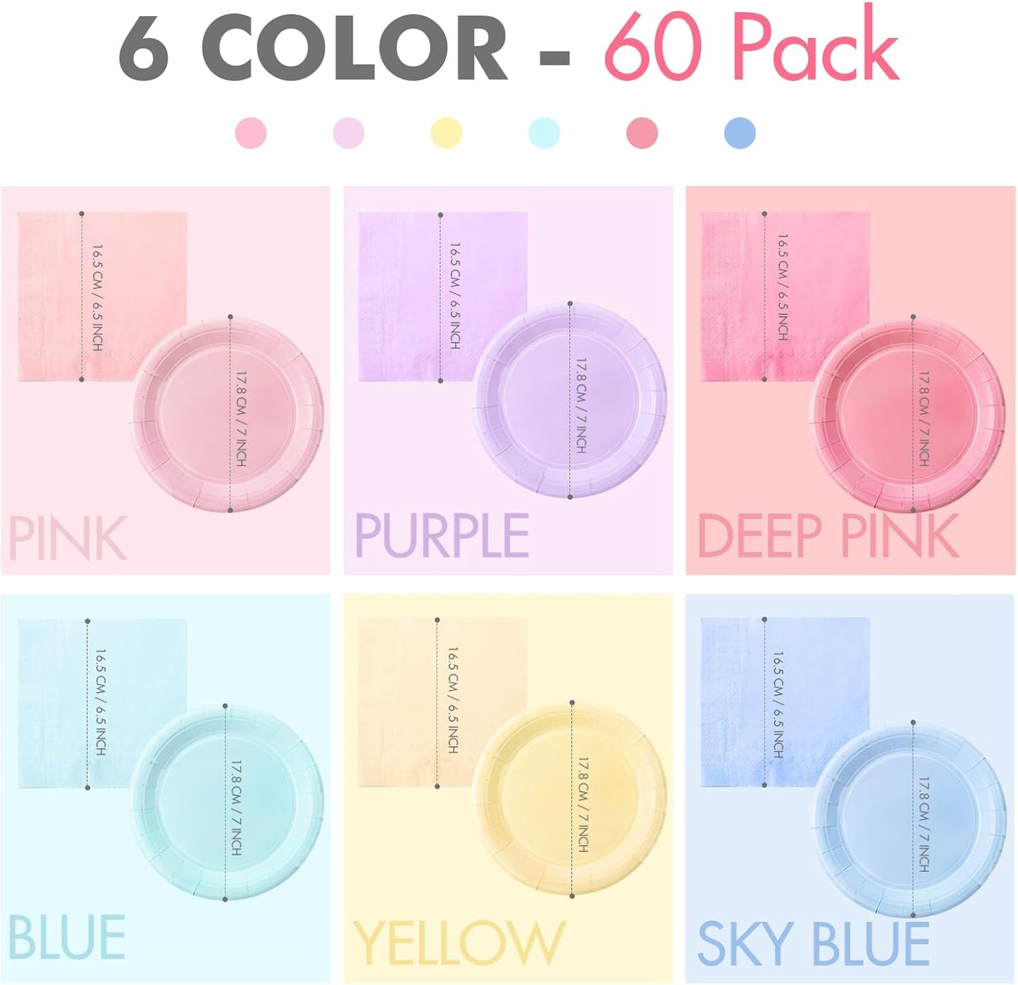 120 Pcs Disposable Paper Dessert Plates and Napkins Set, 7 Inch Party Cake Appetizer Plate with Napkin for Birthday Baby Shower Wedding Easter(Light Pink, Green, Purple, Yellow, Blue, Pink)