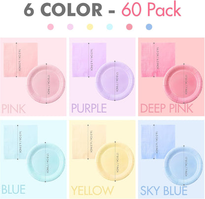 120 Pcs Disposable Paper Dessert Plates and Napkins Set, 7 Inch Party Cake Appetizer Plate with Napkin for Birthday Baby Shower Wedding Easter(Light Pink, Green, Purple, Yellow, Blue, Pink)