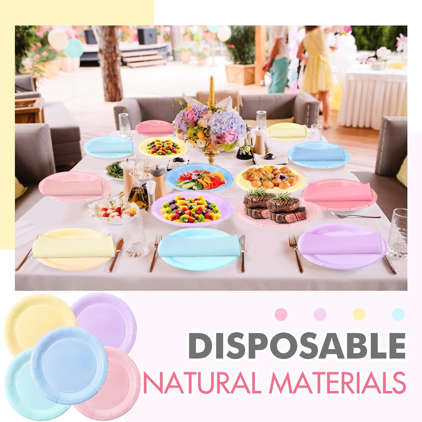 120 Pcs Disposable Paper Dessert Plates and Napkins Set, 7 Inch Party Cake Appetizer Plate with Napkin for Birthday Baby Shower Wedding Easter(Light Pink, Green, Purple, Yellow, Blue, Pink)