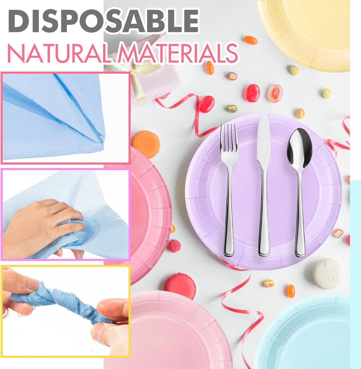 120 Pcs Disposable Paper Dessert Plates and Napkins Set, 7 Inch Party Cake Appetizer Plate with Napkin for Birthday Baby Shower Wedding Easter(Light Pink, Green, Purple, Yellow, Blue, Pink)