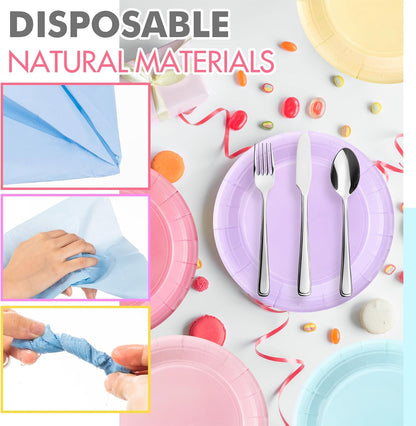 120 Pcs Disposable Paper Dessert Plates and Napkins Set, 7 Inch Party Cake Appetizer Plate with Napkin for Birthday Baby Shower Wedding Easter(Light Pink, Green, Purple, Yellow, Blue, Pink)