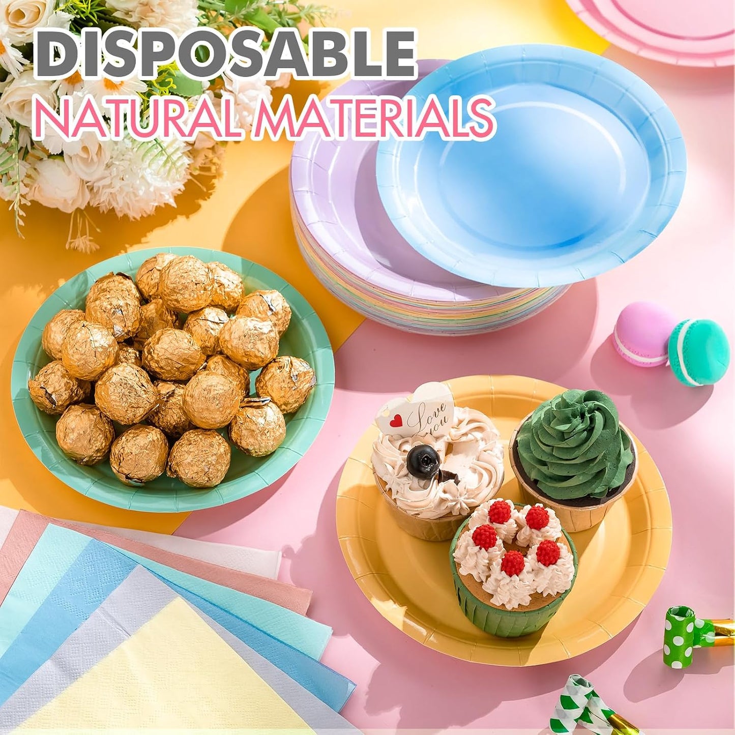 120 Pcs Disposable Paper Dessert Plates and Napkins Set, 7 Inch Party Cake Appetizer Plate with Napkin for Birthday Baby Shower Wedding Easter(Light Pink, Green, Purple, Yellow, Blue, Pink)