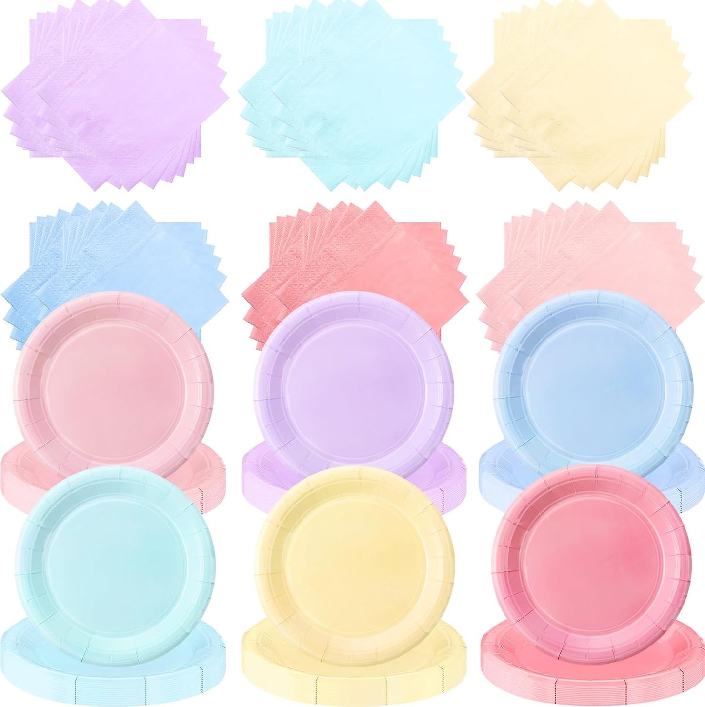 120 Pcs Disposable Paper Dessert Plates and Napkins Set, 7 Inch Party Cake Appetizer Plate with Napkin for Birthday Baby Shower Wedding Easter(Light Pink, Green, Purple, Yellow, Blue, Pink)