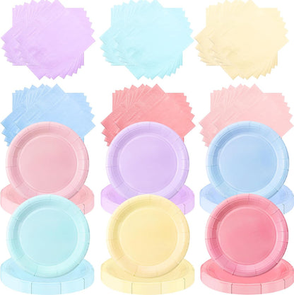 120 Pcs Disposable Paper Dessert Plates and Napkins Set, 7 Inch Party Cake Appetizer Plate with Napkin for Birthday Baby Shower Wedding Easter(Light Pink, Green, Purple, Yellow, Blue, Pink)