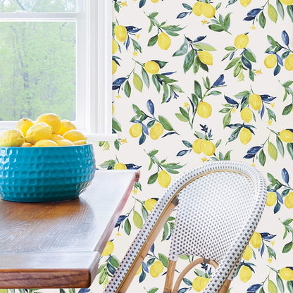 Lemon Drop Peel and Stick Wallpaper, Yellow Lemon Botanical Removable Contact Paper for Walls, Self Adhesive Wall Covering for Bedroom Living Room Accent Wall
