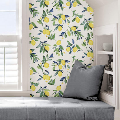 Lemon Drop Peel and Stick Wallpaper, Yellow Lemon Botanical Removable Contact Paper for Walls, Self Adhesive Wall Covering for Bedroom Living Room Accent Wall