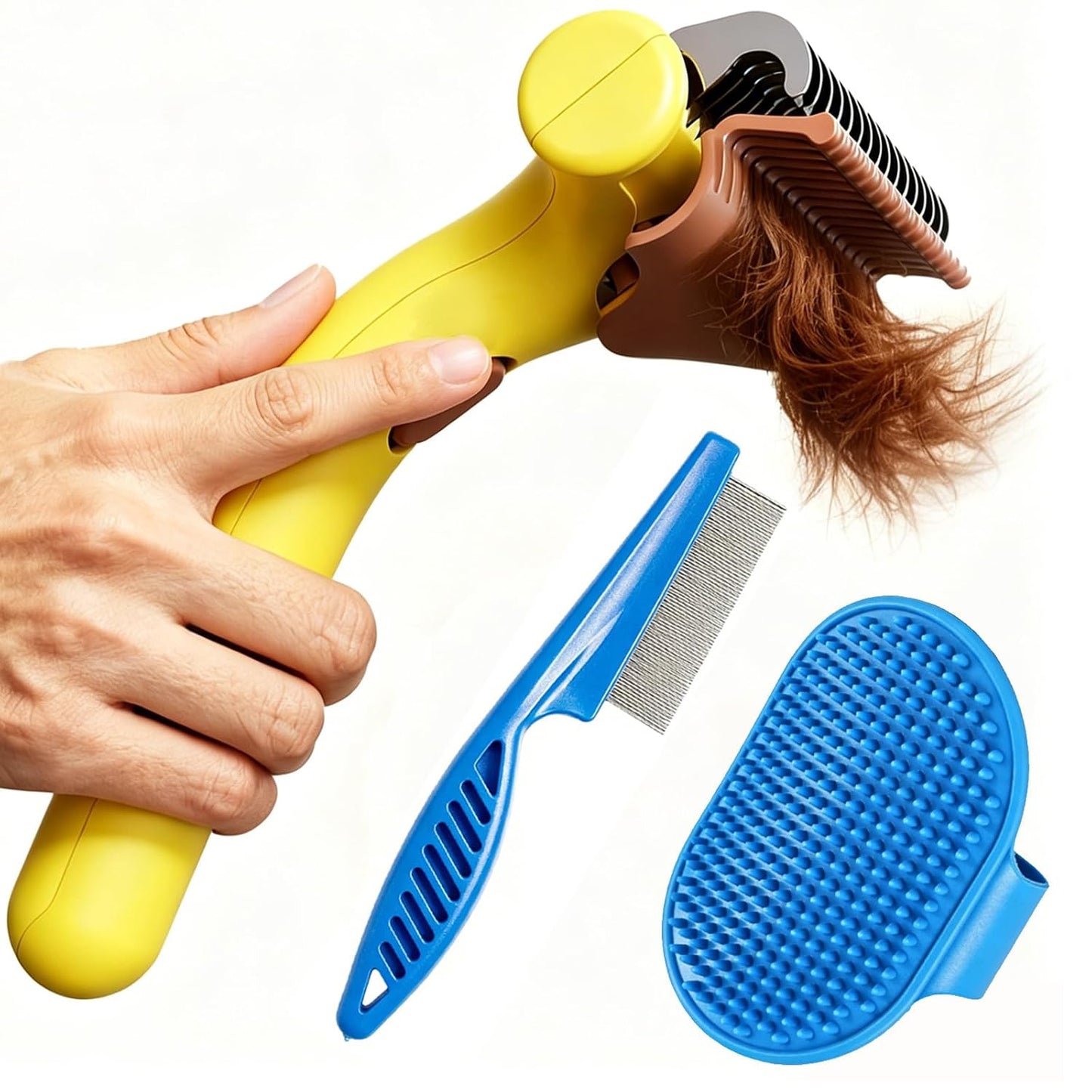 3 PCS Pet Grooming Brush Kit Shedding Tool for Dogs and Cats | Self cleaning deshedding dematting comb, flea comb and bath brush removes loose hair tangles for all coated pets(yellow)