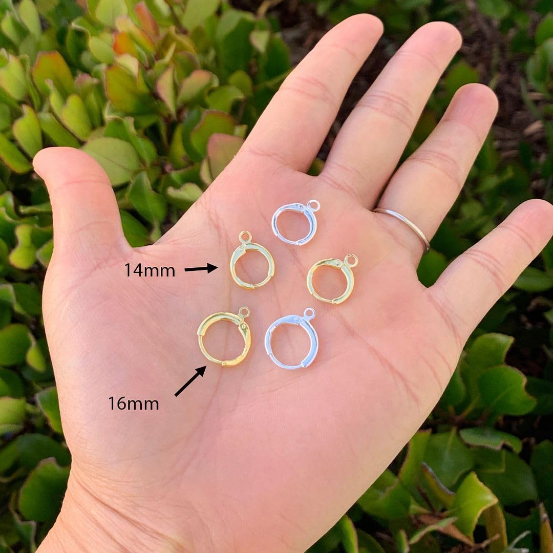 50pcs Adabele Tarnish Resistant Gold Round Huggie Earring Hooks 14mm | 18K Yellow Gold Plated Hinged Hoop Ear Wire, Open Loops to Attach Charms Gemstones Dangles Craft Earrings Jewelry Making