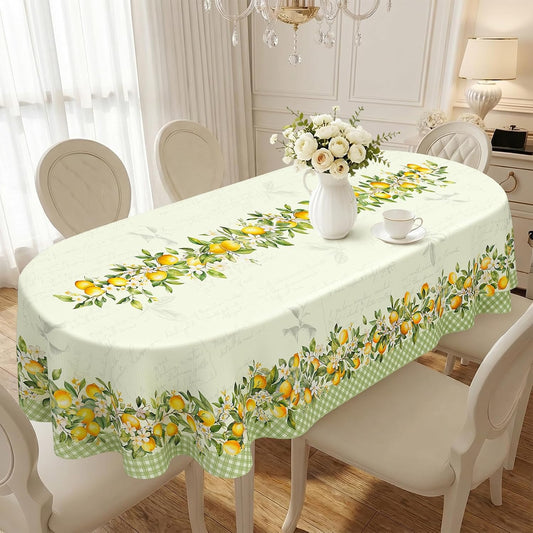 Vintage Lemon Tablecloth 60x120 Inch, Waterproof Washable Lemon Oval Table Cloth Cover, Spring Summer Grass Green Seasonal Tablecloth for Party Picnic Dinner Home Decor