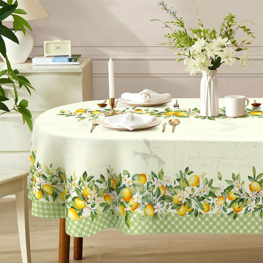Vintage Lemon Tablecloth 60x120 Inch, Waterproof Washable Lemon Oval Table Cloth Cover, Spring Summer Grass Green Seasonal Tablecloth for Party Picnic Dinner Home Decor