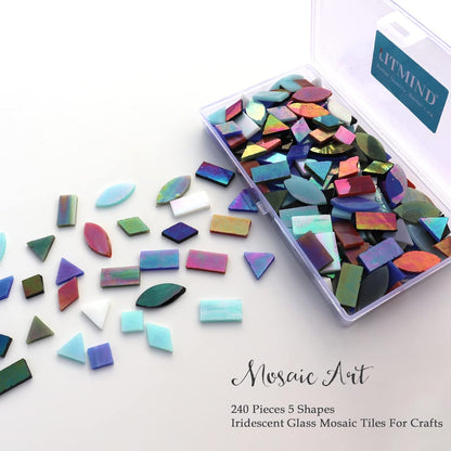 Iridescent Glass Mosaic Tiles for Crafts, 240 Pieces 5 Shapes Mixed Stained Glass Sheets, Mosaic Kits for Adults (Iridescent Mix)